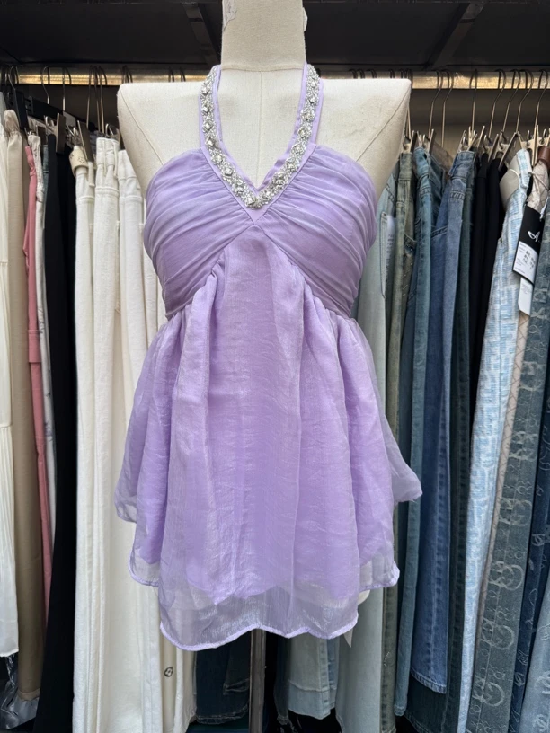 紫色纯欲辣妹款气质挂脖上衣时尚夏季露背无袖露肩褶皱