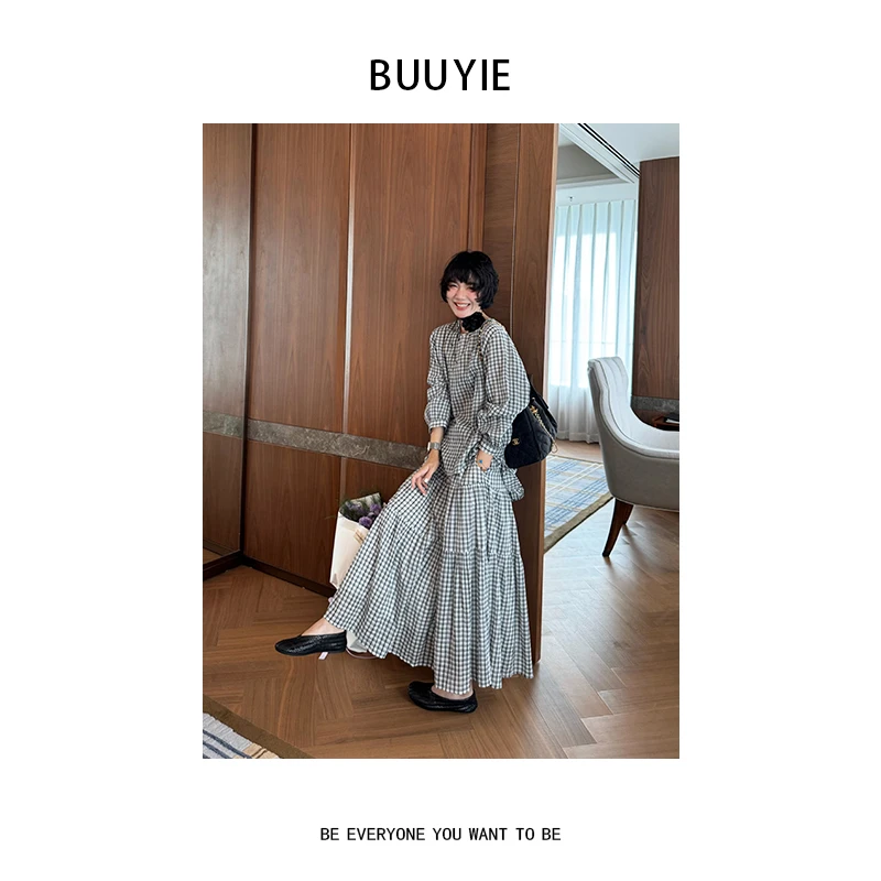 BUUYIE 25SS【格溯】高级纹理感格子上衣+半身裙套装 250615