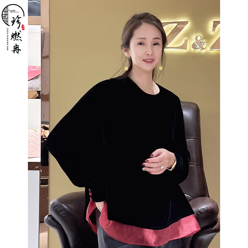 【珍珍女装】新春新款黑色圆领丝绒设计感新中式国风上衣S-11176