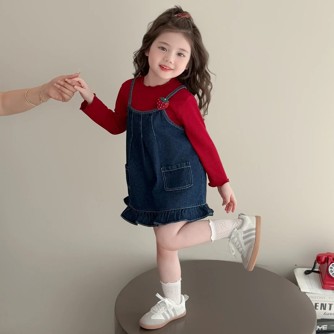 女童连衣裙秋装新款洋气宝宝公主裙儿童牛仔背带裙套装韩版打底衫