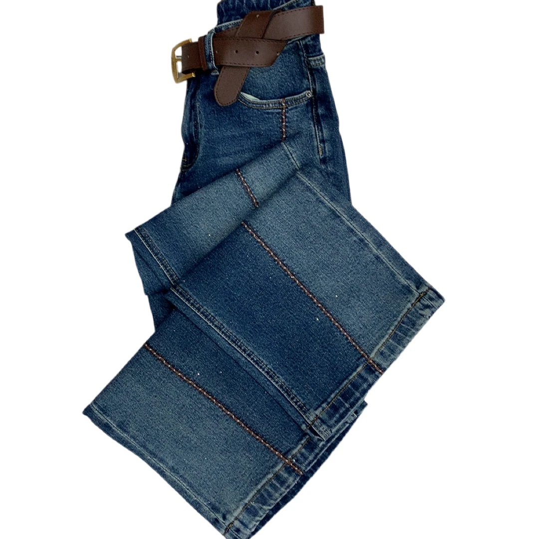 女士伓旧蓝高腰显瘦拼线宽松直筒牛仔裤（无腰带）