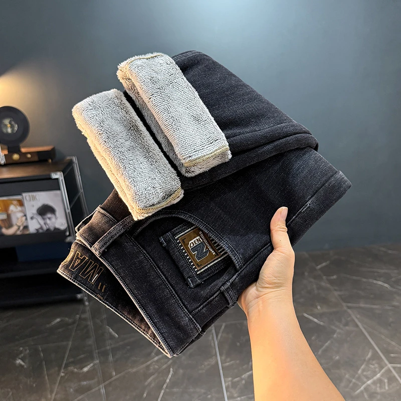 加绒加厚秋冬季潮流百搭牛仔裤男士修身直筒裤刺绣长裤男8833