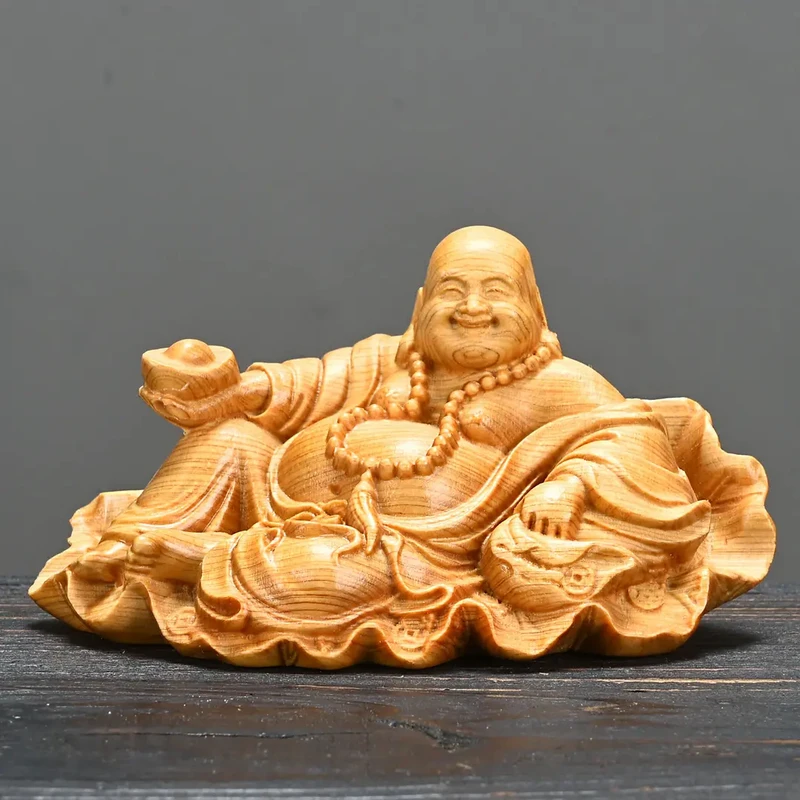 崖柏木雕荷叶弥勒佛10cm笑口常开佛像长车载家居车载手把件工艺品