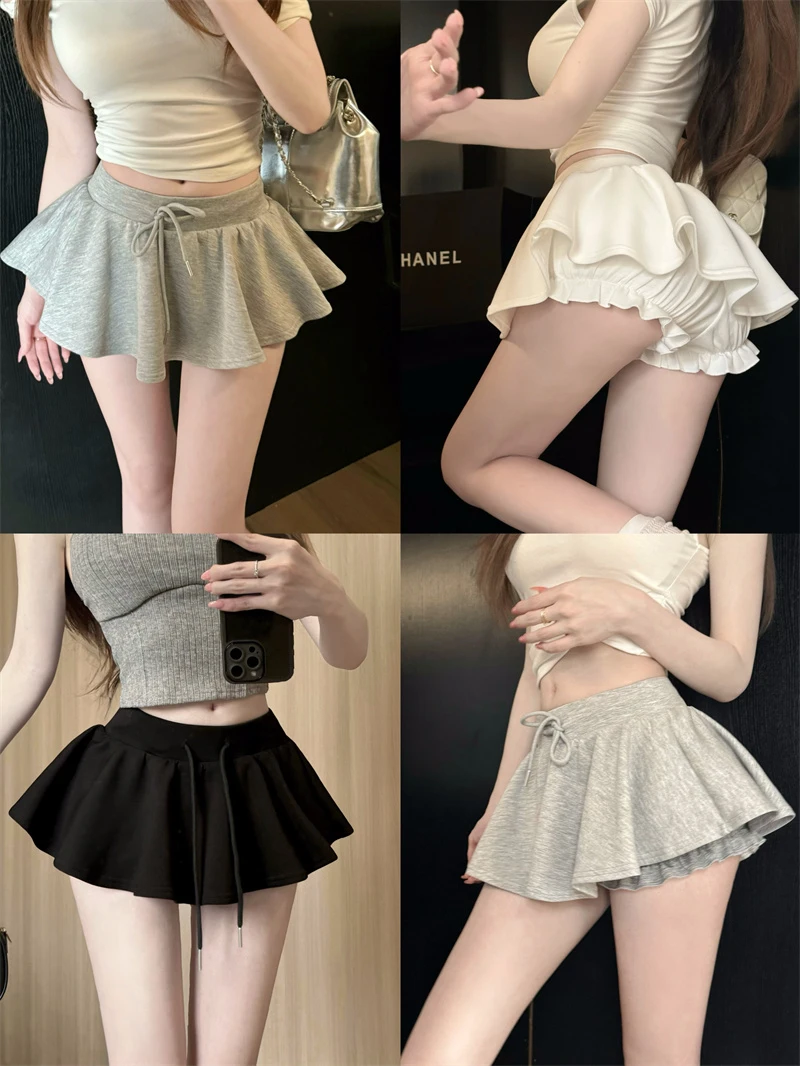 芭蕾风辣妹风纯色抽绳半身裙A字裙女夏季复古防走光蓬蓬裙裙裤G75