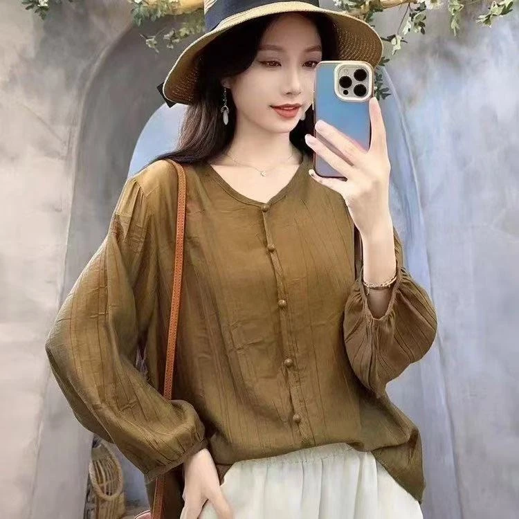 新款宽松纯色纽扣薄款九分袖T恤复古夏季时尚文艺韩版小衫