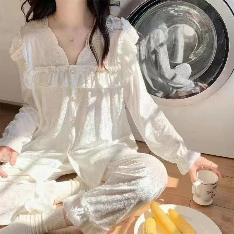 韩版简约秋冬甜美娃娃领对襟蝴蝶结荷叶边长袖纯色丝绒睡衣套装