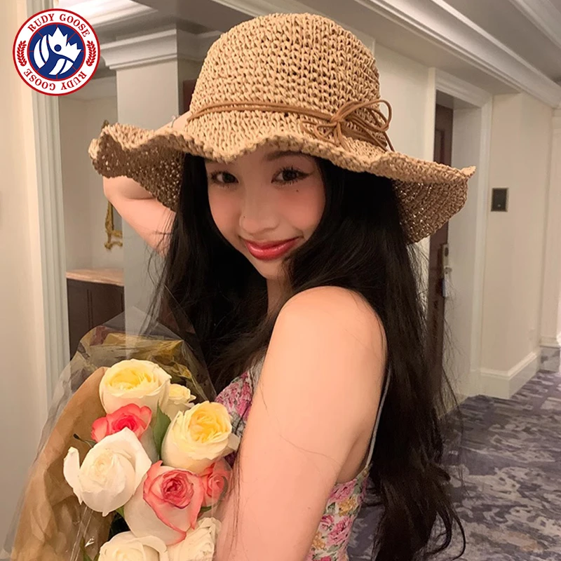 RUDY GOOSE度假风沙滩渔夫帽海边防晒遮阳帽大檐蝴蝶结编织草帽女