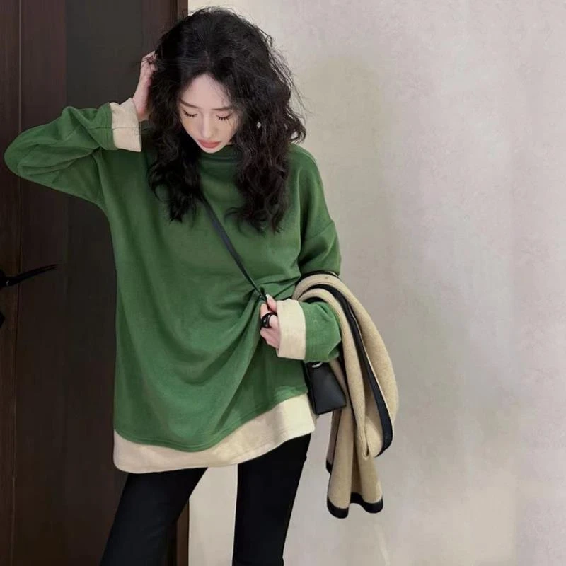 慵懒风撞色假两件套头长袖T恤秋季新款大码胖mm时尚百搭上衣气质