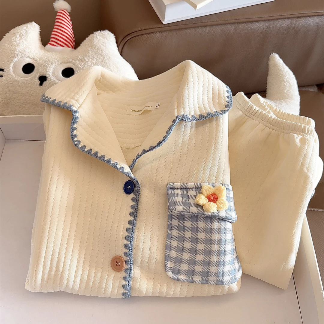 加厚空气棉夹层睡衣女秋冬季甜美可爱刺绣少女保暖开衫家居服春秋