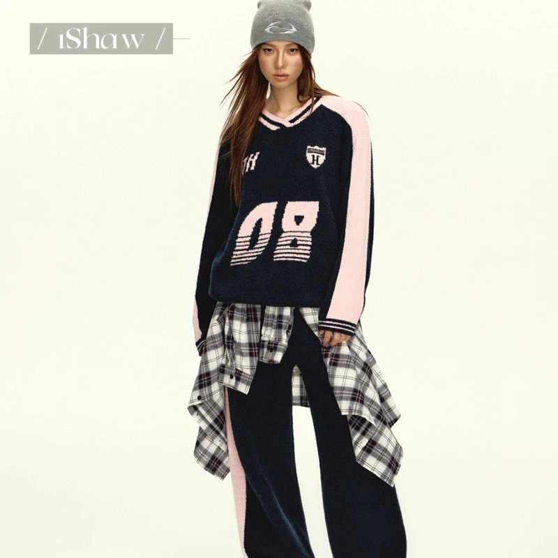iShaw/美式运动风休闲V领撞色冬季半边绒保暖慵懒睡衣家居服套装