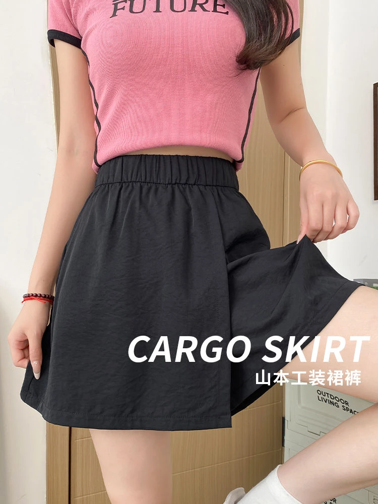 裙裤夏季夏季黑色高腰阔腿短裤三分裤无弹力薄款