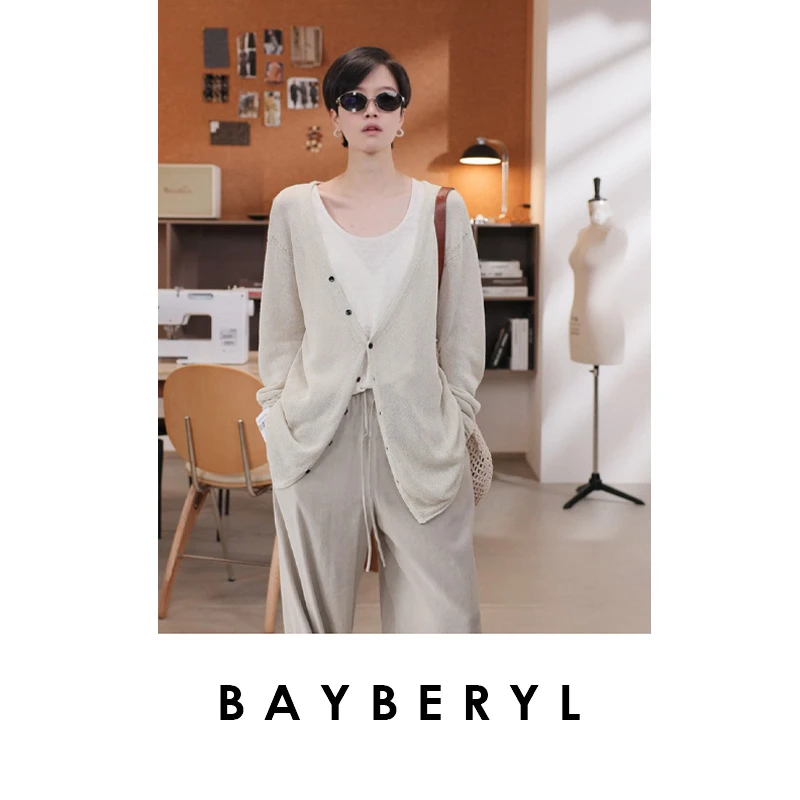 BAYBERYL老贝减法罩衫和纸凉感单排扣V领针织开衫ZZS5E3022