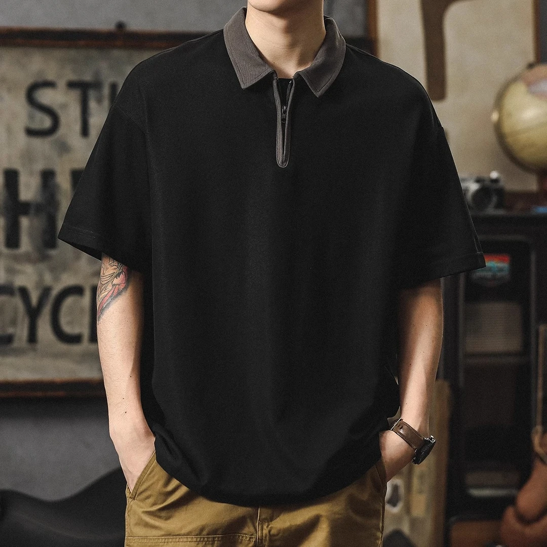 美式复古polo衫男夏季重磅宽松拉链翻领运动男士短袖t恤潮牌半袖T