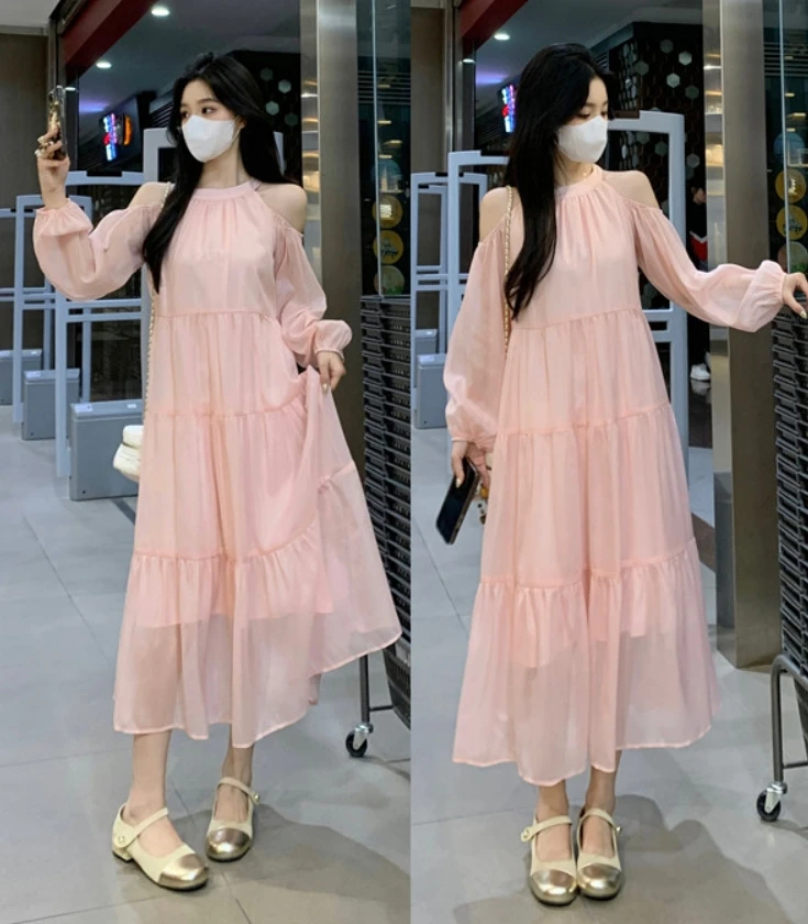 大码女装海边度假甜美温柔风法式气质绝美露肩遮肉显瘦连衣裙