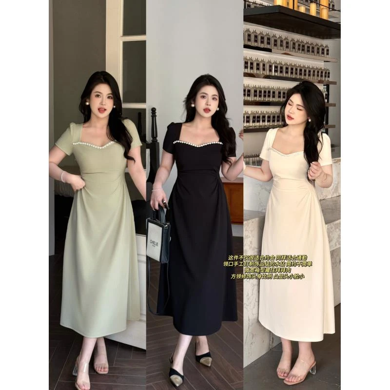 现货【嘎嘎】 大码胖mm夏季新款收柔气质设计感短袖连衣裙02224D