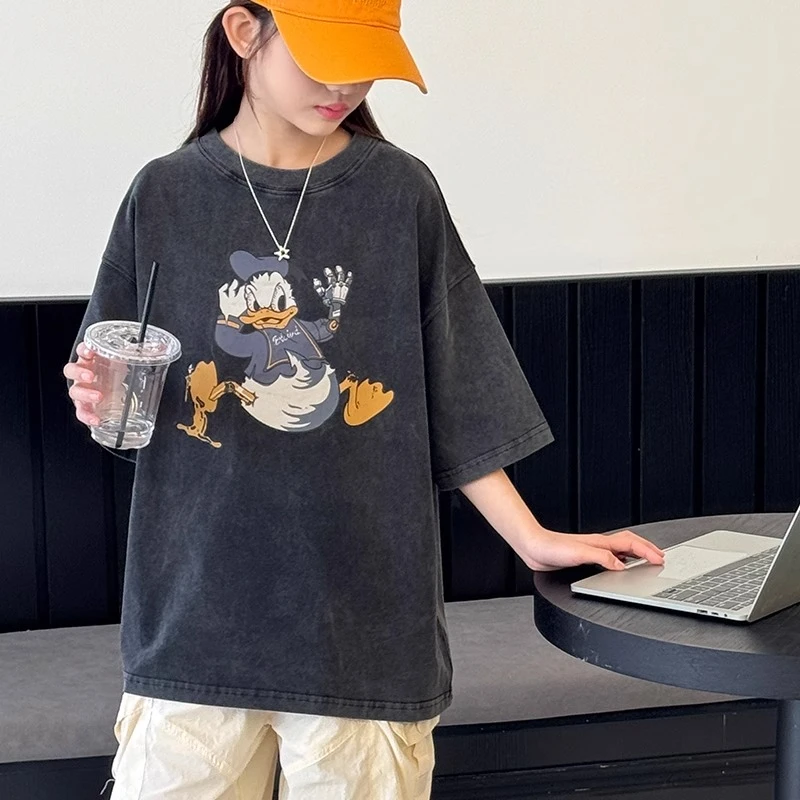 顶瓜瓜时尚潮流水洗做旧纯棉短袖中大童夏季舒适透气百搭半袖T恤