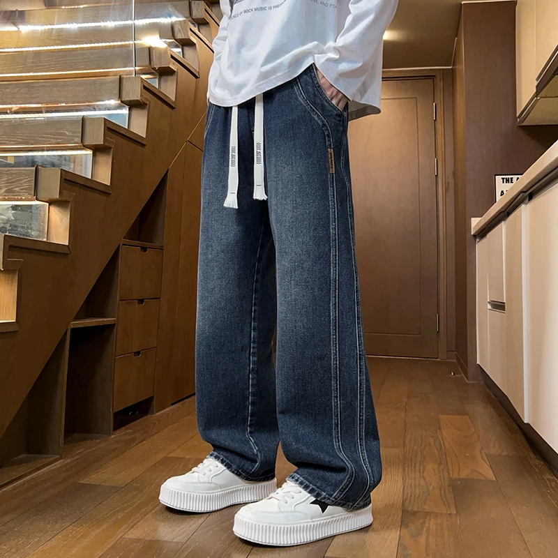 阔腿牛仔裤裤子男士春秋季休闲宽松抽绳秋季潮牌耐磨百搭直筒裤