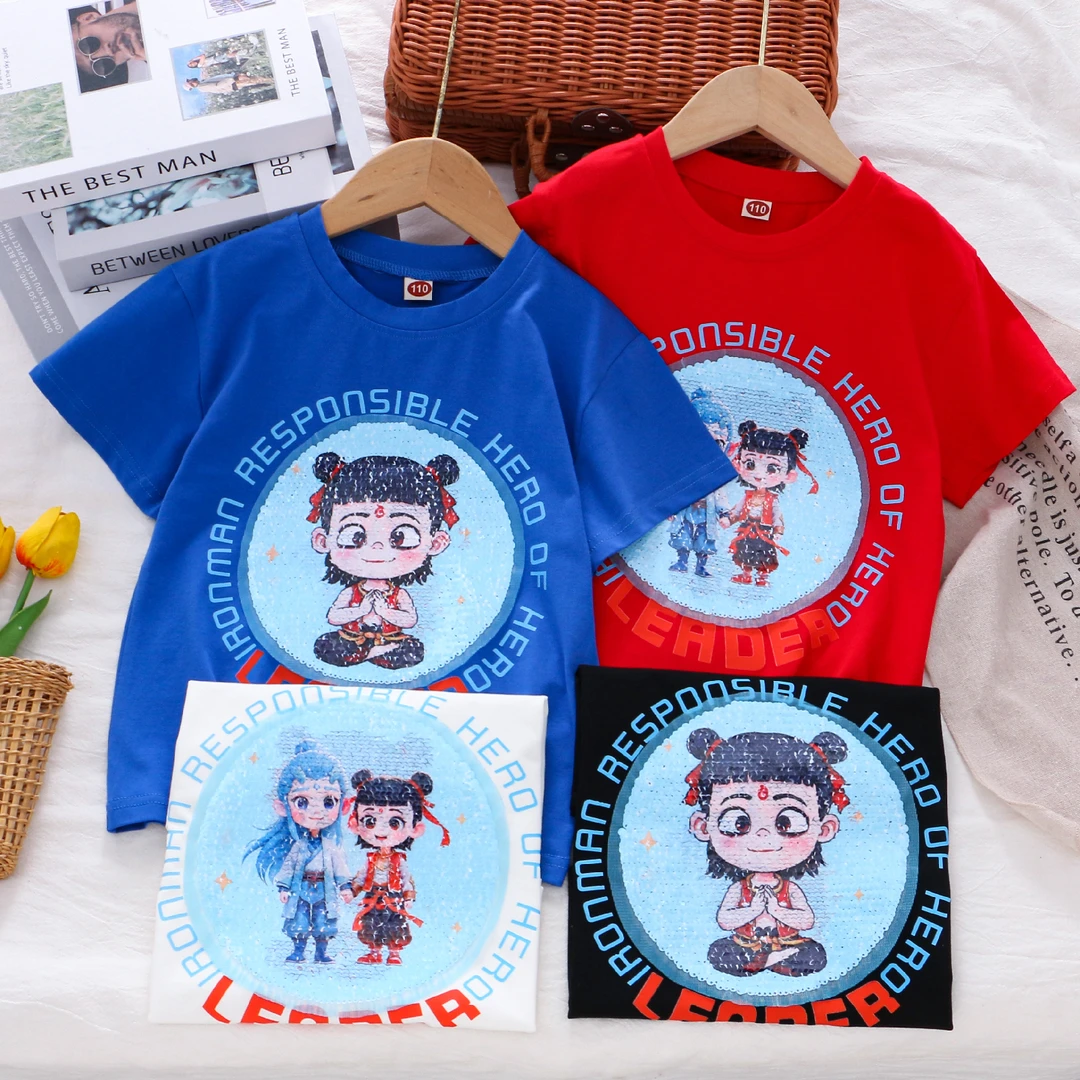 男童t恤哪吒纯棉短袖夏季儿童双面亮片变色上衣潮童短袖