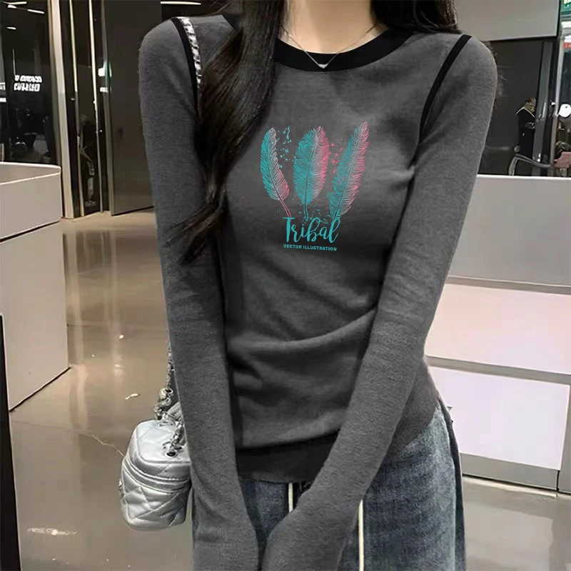 德绒保暖打底衫长袖T恤女士秋冬季百搭撞色拼接修身显瘦时尚上衣