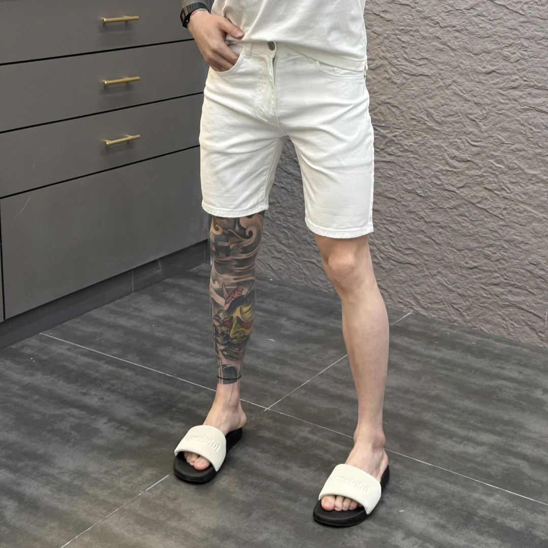 2025春季新款时尚休闲百搭净版白色男士牛仔短裤1822