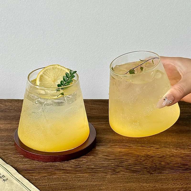 日式富士山玻璃杯氛围感鸡尾酒杯带杯垫平底杯咖啡杯冷饮杯子水杯