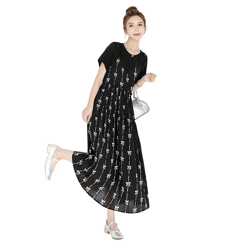 丝柏舍2025夏季新款女装高腰短袖印花假两件圆领连衣裙S52R1675L