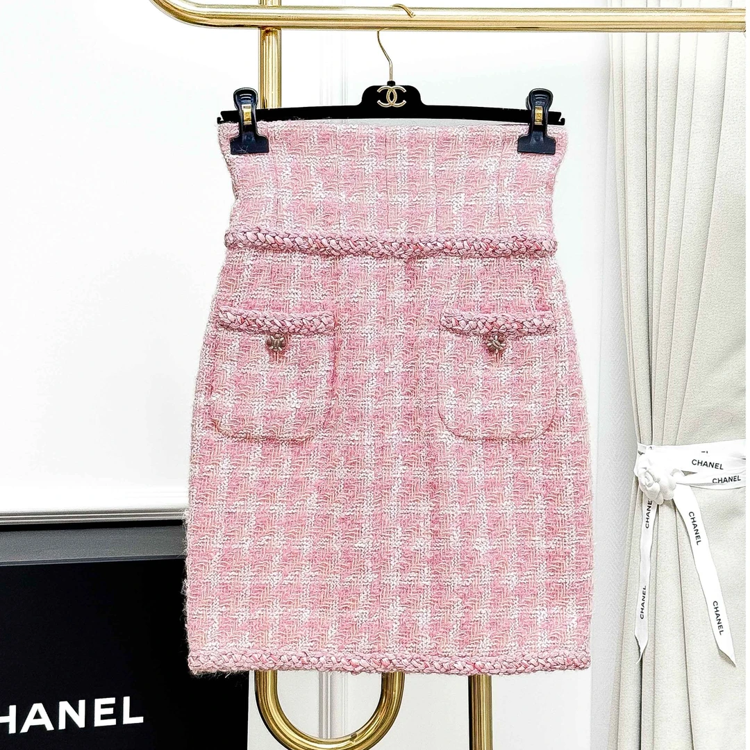 99新 Chanel/香奈儿 36码14K超市系列粉白格纹编织高腰半身裙