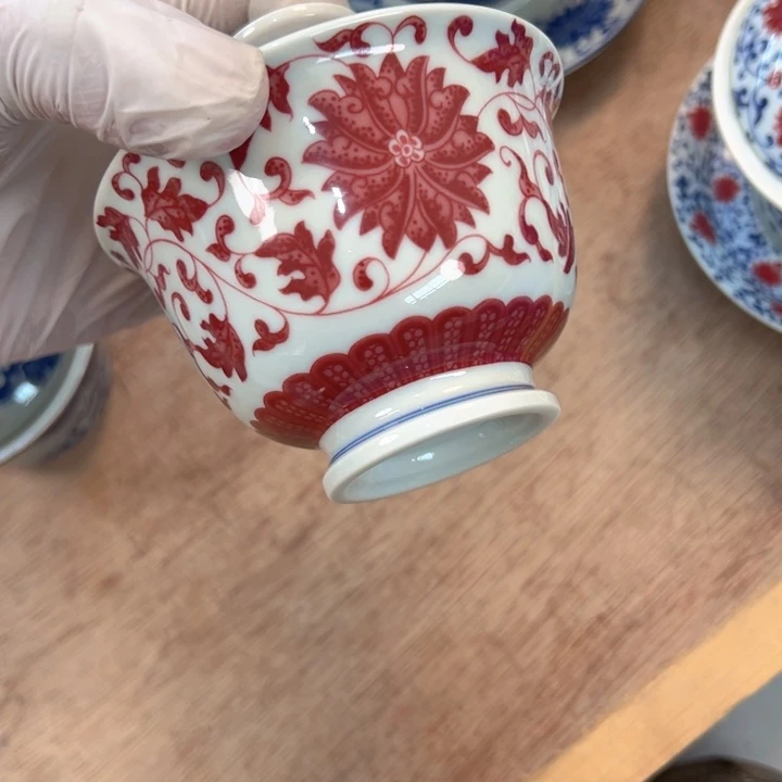 瓷片白青花釉里红缠枝莲云池盖碗全品碗