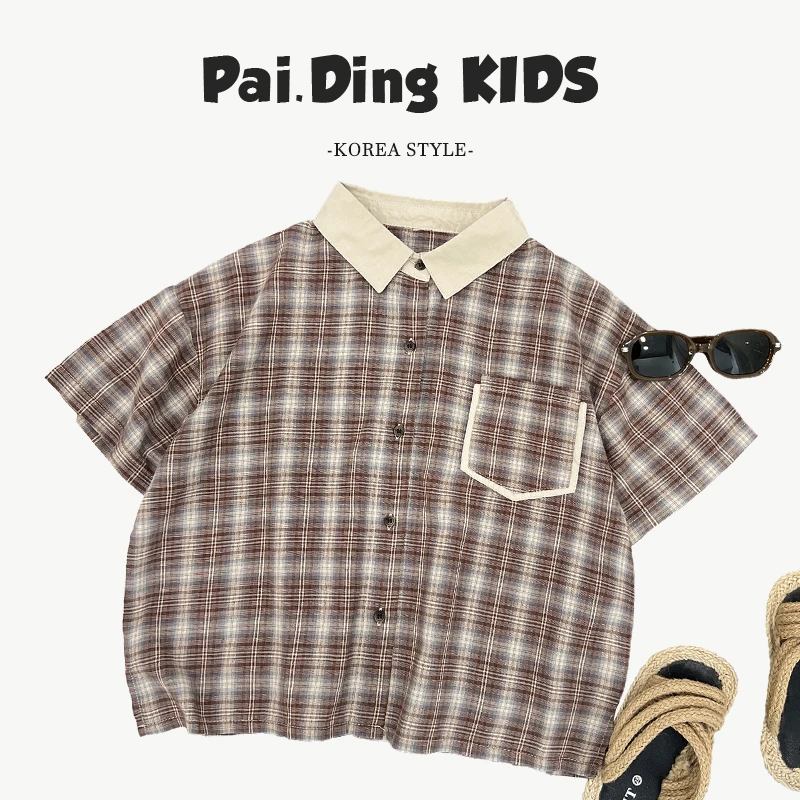 【小首尔】Q现货-夏儿童韩版复古经典格纹宽松翻领短袖衬衫SJ5869