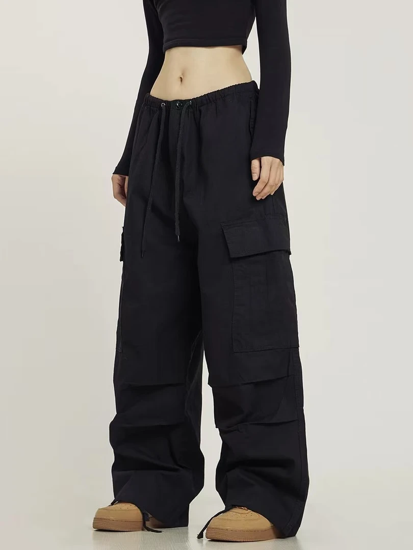 A17-2黑色“侧口袋分层”松紧腰抽绳长裤（109）