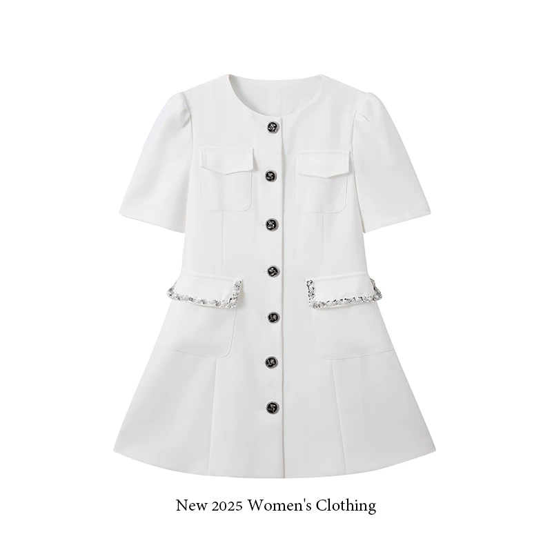 夏季名媛轻奢时尚女装气质单排扣设计师款短袖白色连衣裙/1368