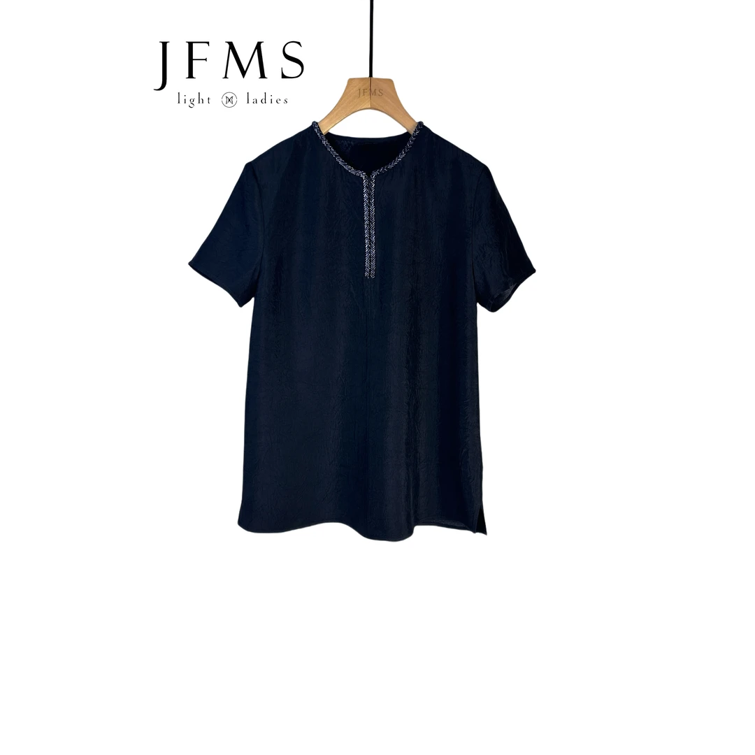 100醋酸凉感短袖钉珠纯色上衣设计师气质款经典蓝色夏季S885