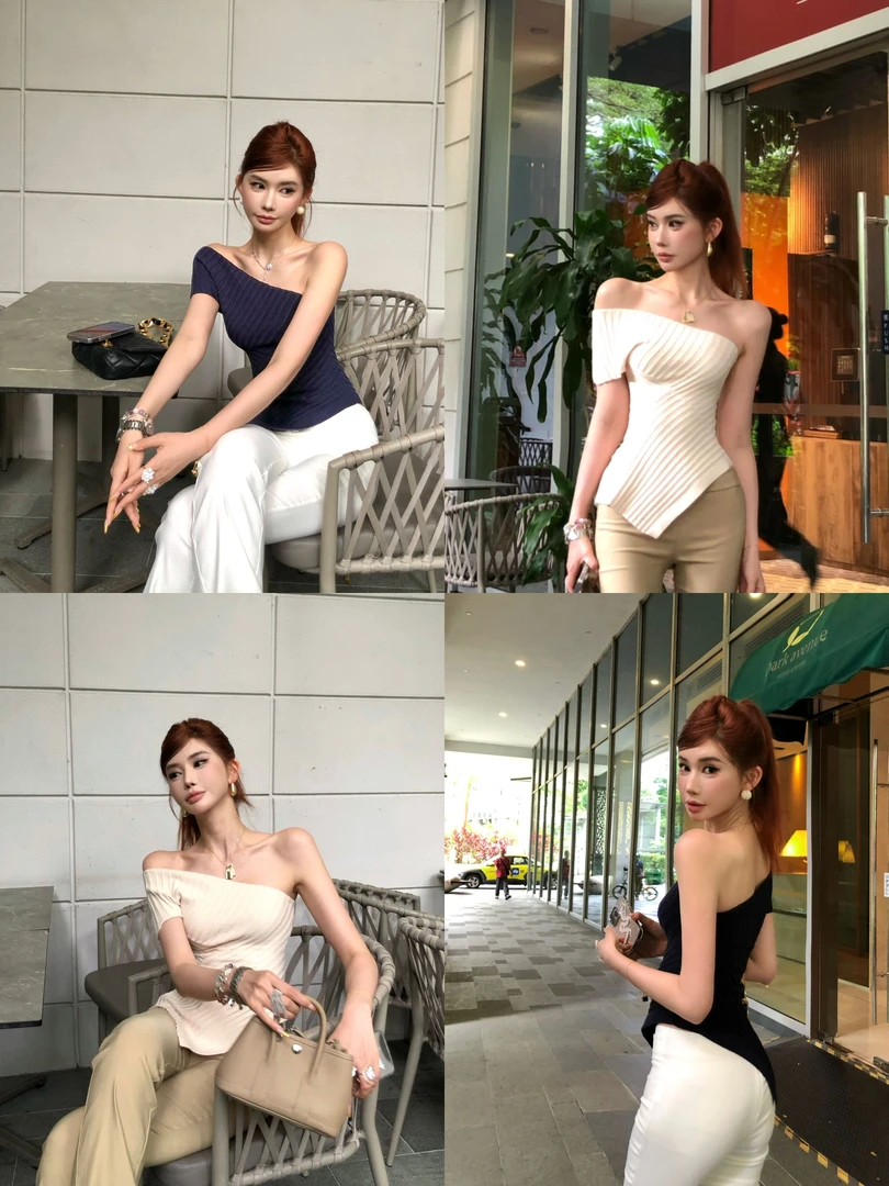 婉君【斜肩纹理】韩系斜领不规则显瘦时尚修身气质上衣LWJ25A1T565