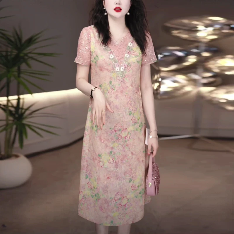 显瘦修身洋气大气减龄妈妈装中长款女人味优雅遮肚收腰百搭连衣裙