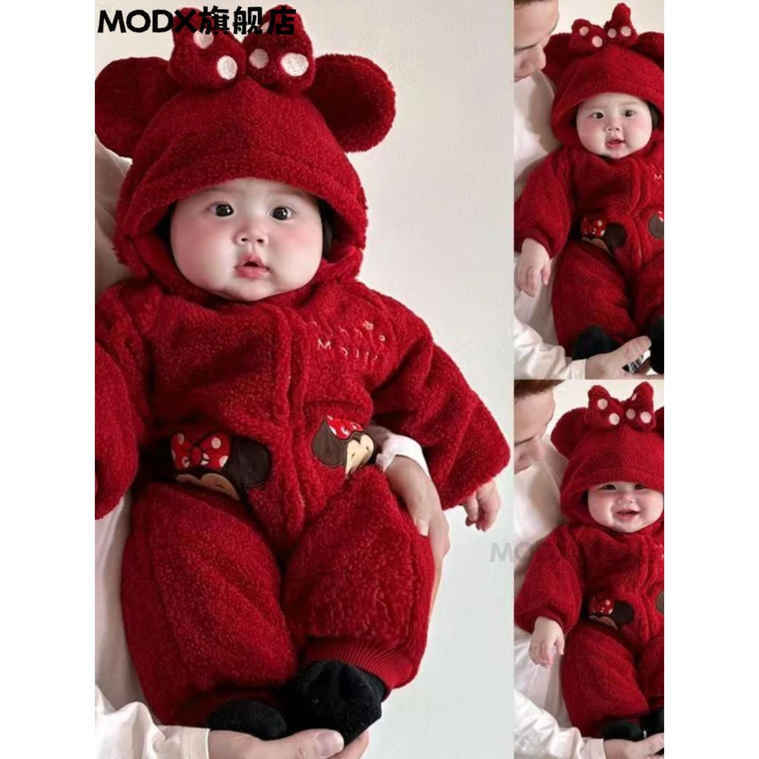 MODX婴儿加绒厚连体衣冬季女宝宝衣服超萌米妮红色新年外出抱衣拜