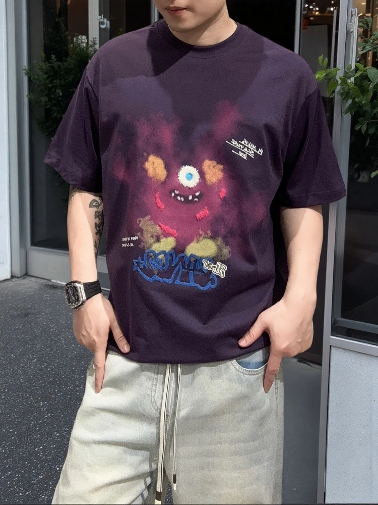 夏季新款美式潮牌卡通彩绘印花短袖男宽松T恤舒适重磅休闲百搭帅