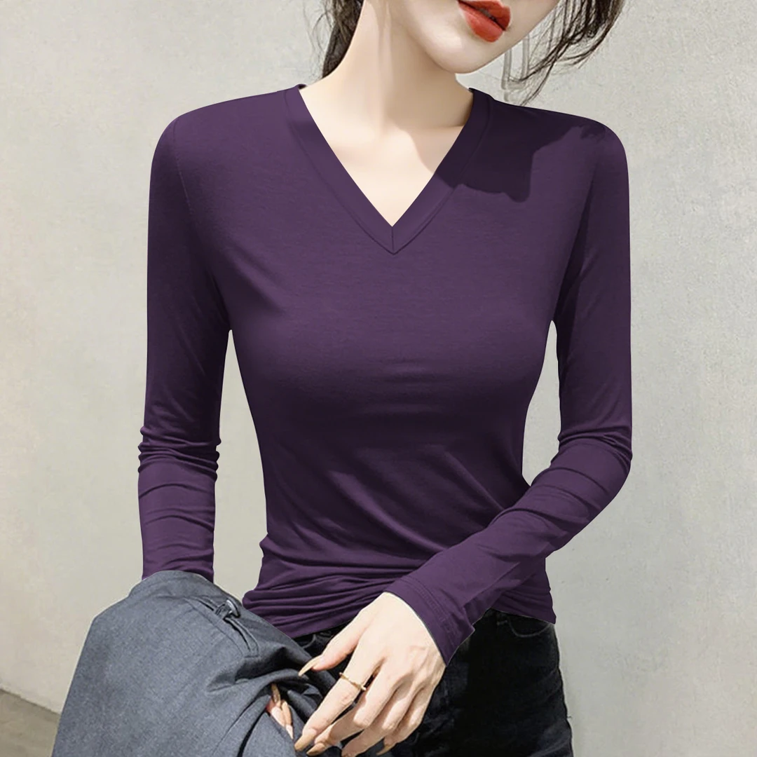 V领长袖t恤女2025秋冬新款修身显瘦鸡心领内搭薄款百搭打底衫潮
