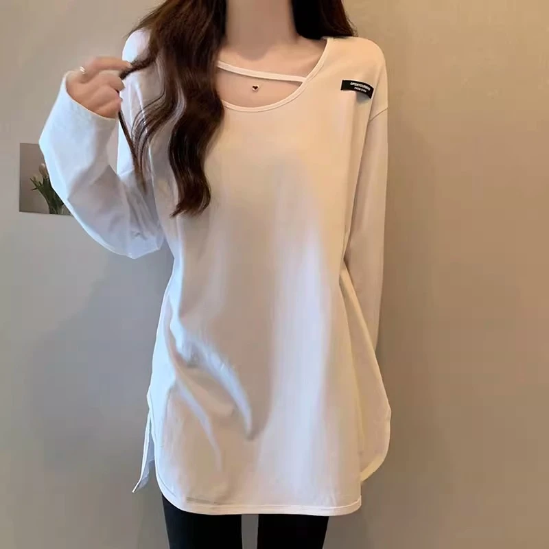 设计感开叉打底衫女秋冬新款宽松中长款搭配鲨鱼裤的上衣长袖恤