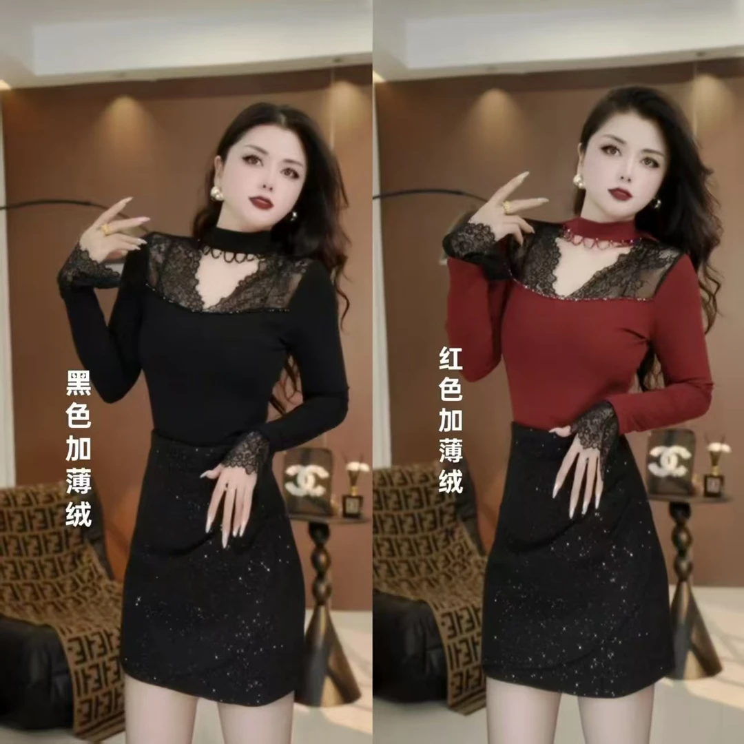 (燕子原创）新款设计感磨毛打底衫秋冬新款蕾丝拼接钉珠气质T恤