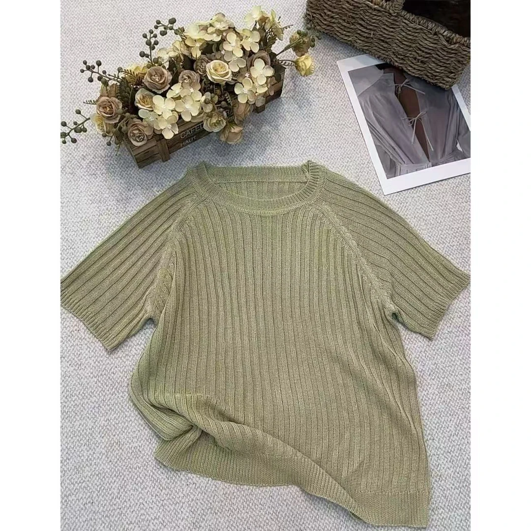 丽丽家~纯色短袖绿时尚休闲百搭夏季修身条纹圆领上衣408