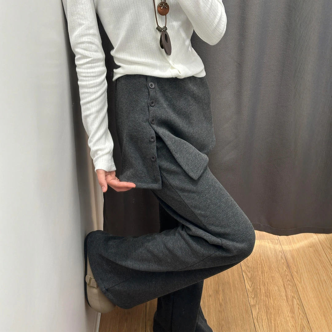 深灰色可拆卸屁帘阔腿裤女冬季大码胖mm宽松显瘦设计感加绒直筒裤