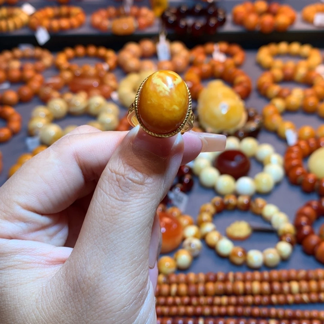 【闪购商品】蜜蜡银S925镀金镶嵌戒指蜜蜡戒指