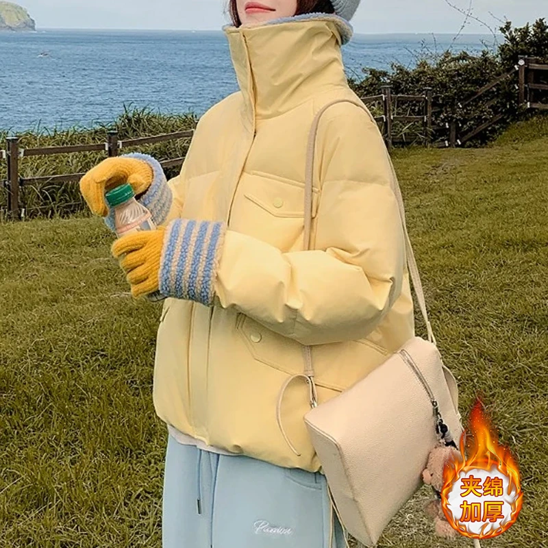 时尚拼接短款翻领口袋装饰加厚棉服女士2025冬季新款爆款保暖外套