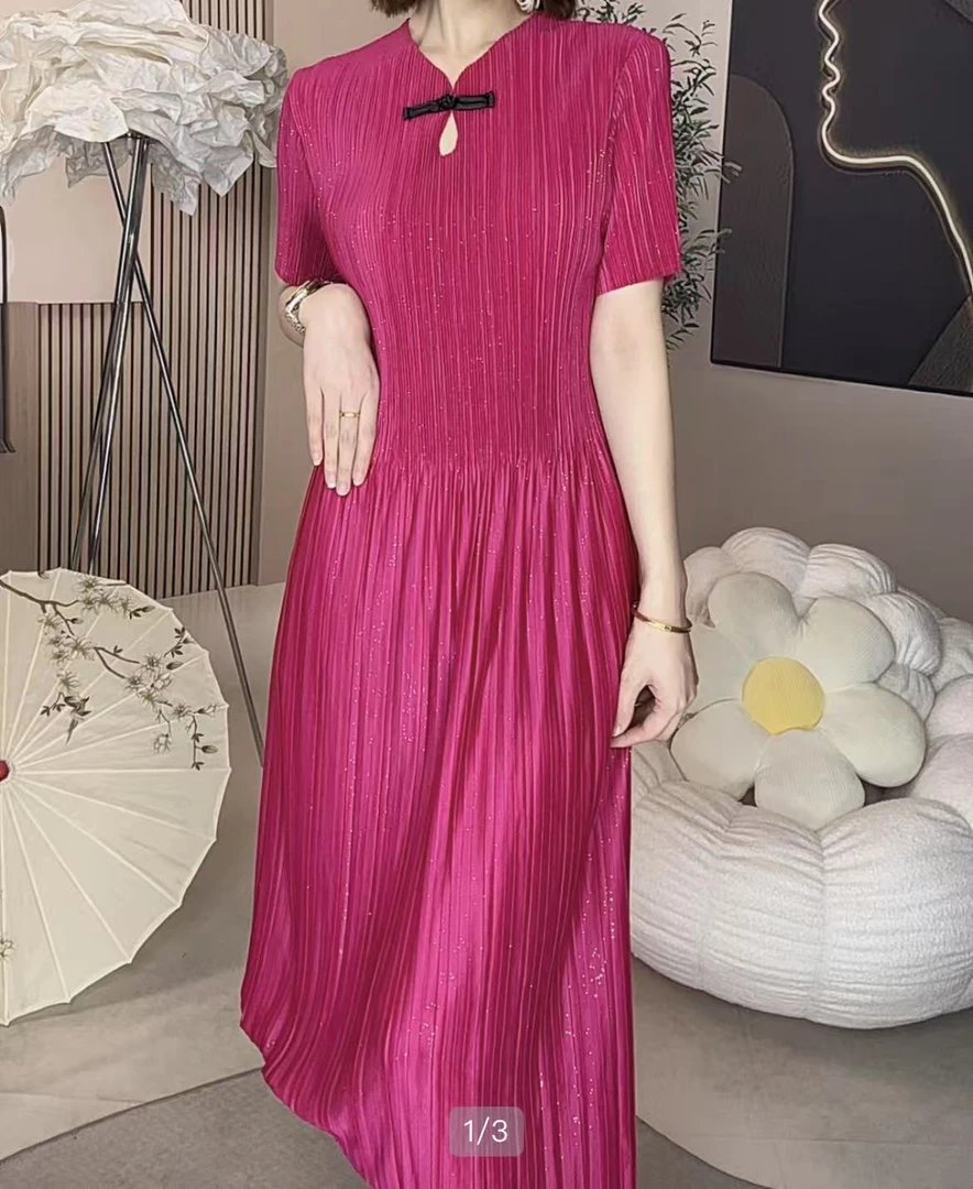 [旗袍领]夏季时尚气质宽松中长款褶皱显瘦大码洋气妈妈装90-180斤