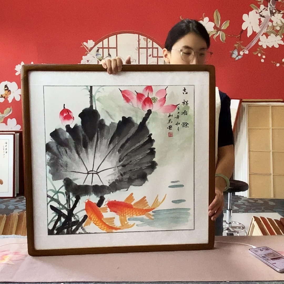 国画手写手绘国画作品带框包邮62✖️62