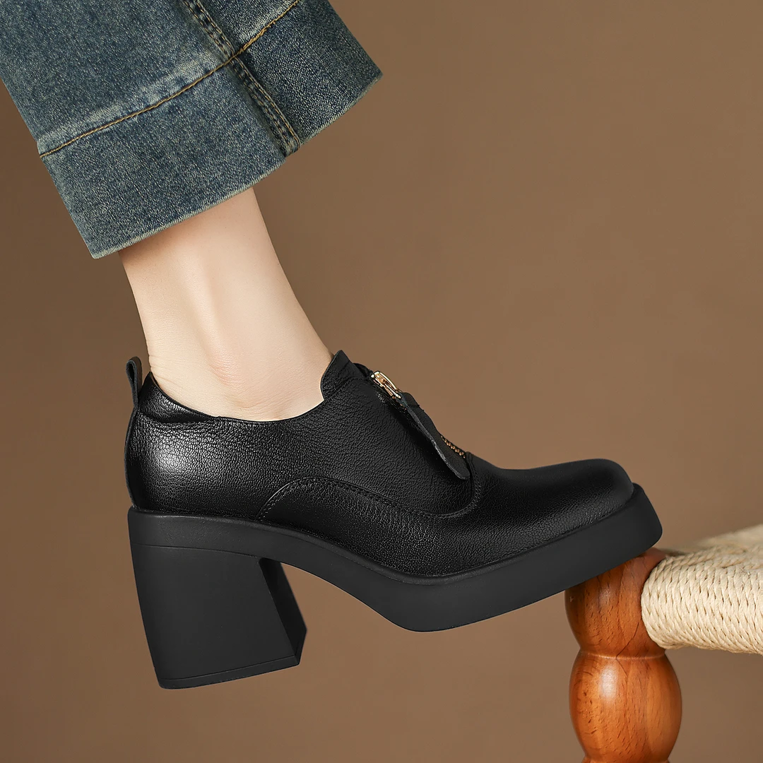 小个子手工女鞋8cm~深口单鞋英伦小皮鞋方头粗跟高跟鞋百搭乐福鞋