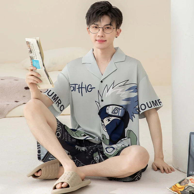 睡衣男士夏季卡通冰丝绸短袖薄款青少年加大码男款夏天家居服套装