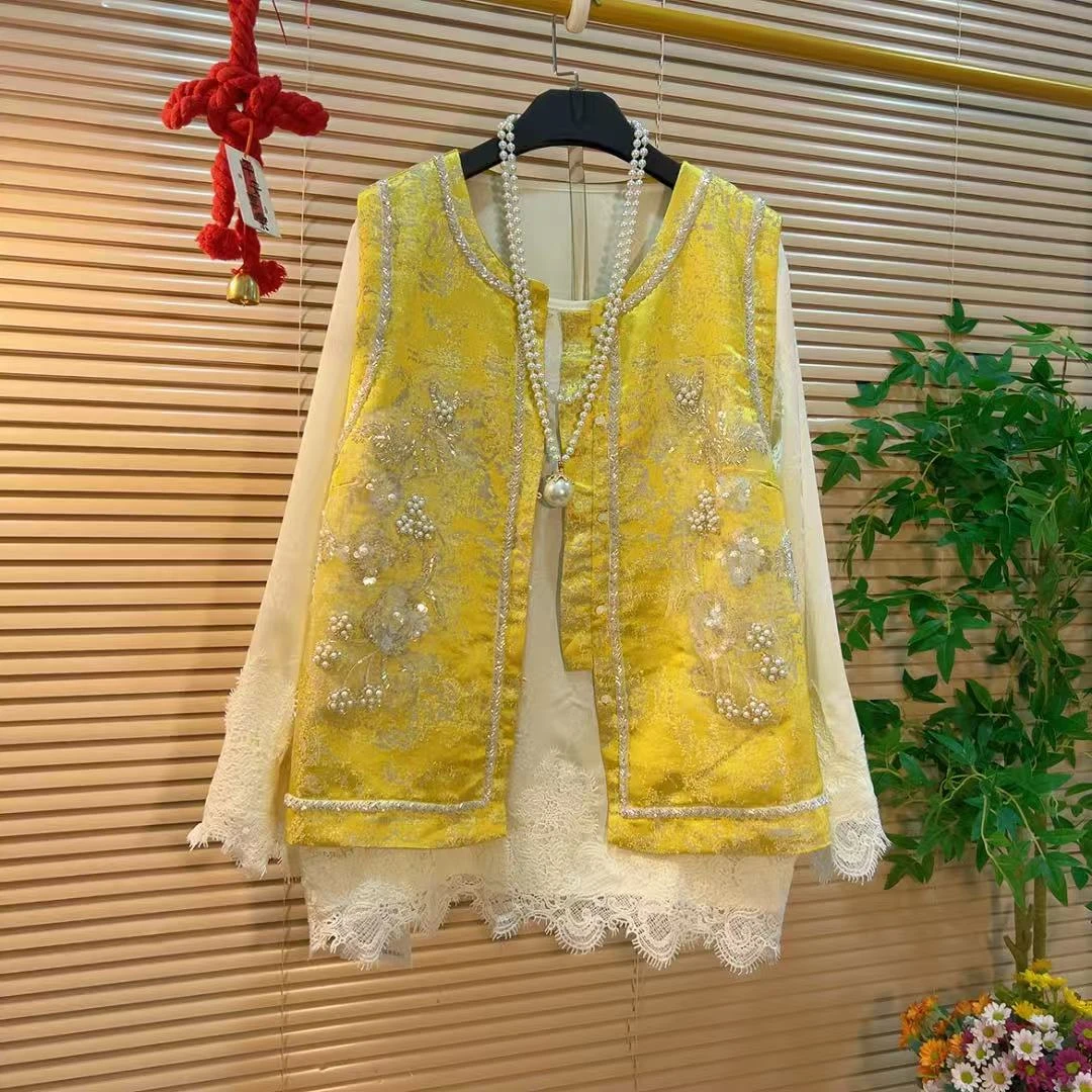 胖YY2025夏季新款新中式轻国风套装重工钉珠提花马甲+中长打底衫