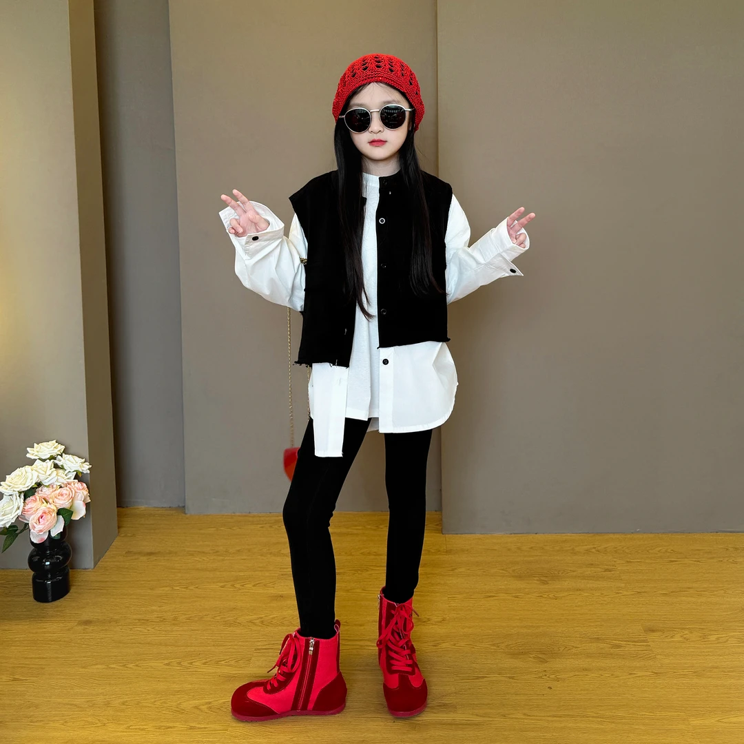 女童2025新款春秋季韩版假两件洋气时尚衬衫打底裤内搭三件套甜酷