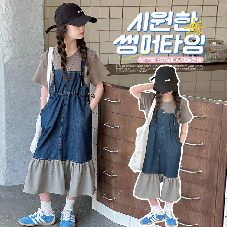 【小胖精选】牛仔连衣裙拼接夏季女童中大童韩版洋气裙子薄款